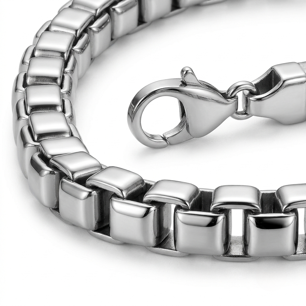 Polished Stainless Steel Box Chain Bracelet